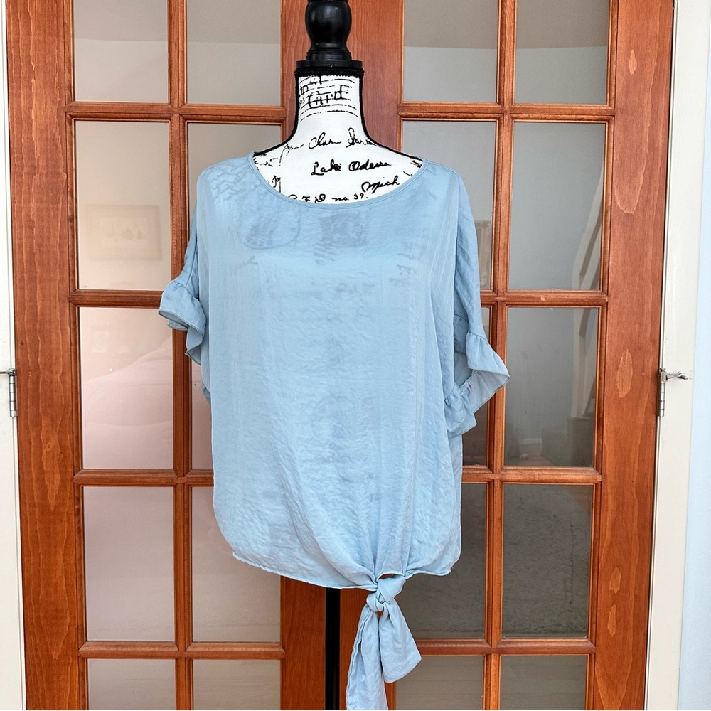 Blue Tie Front Relaxed Blouse